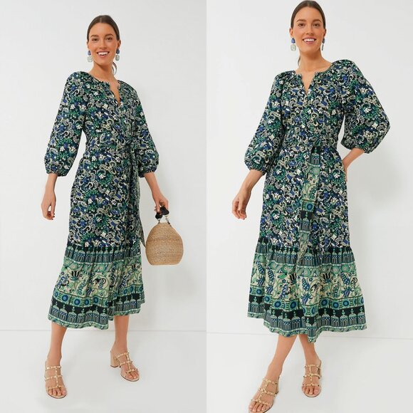 Tuckernuck NEW Batik Floral Lyles Green Blue Puff Sleeve Belted Midi Dress M - Picture 3 of 12